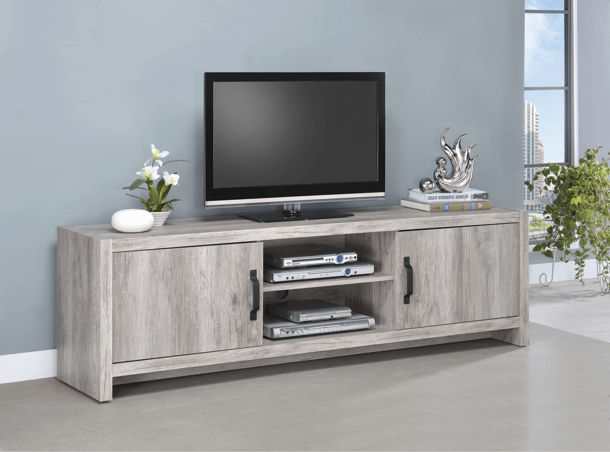 DIY home theatre: 2-door tv console grey driftwood