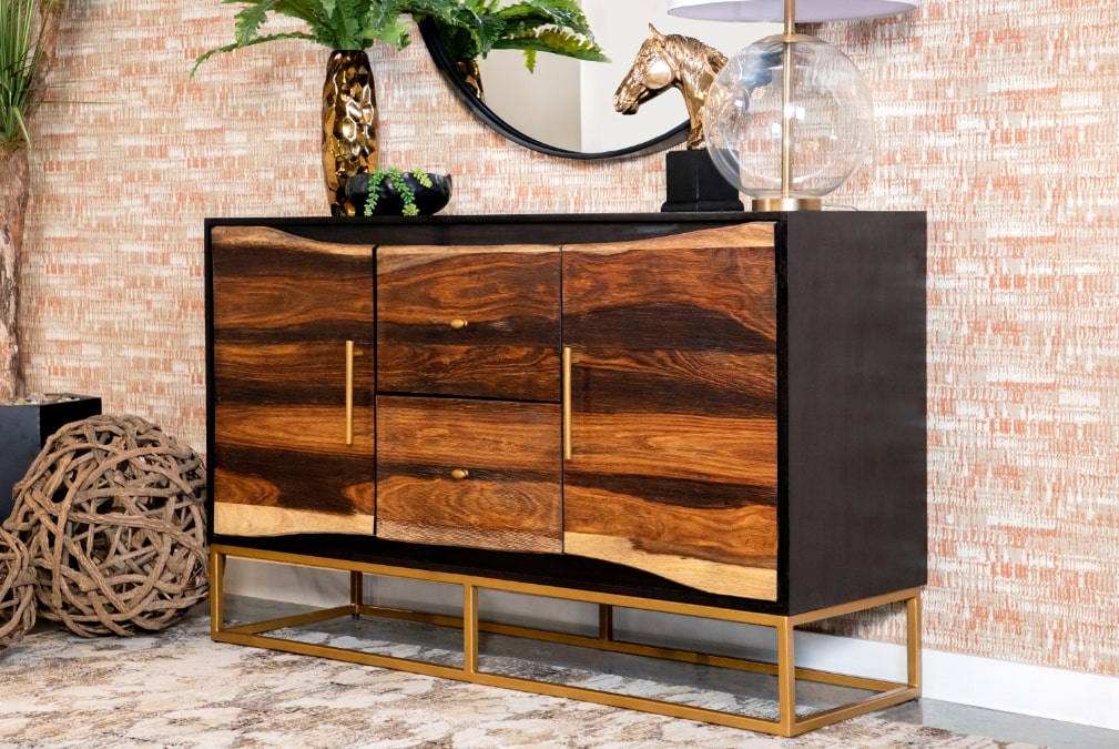 Eclectic interior design: 2-drawer Accent Cabinet Black Walnut and Gold