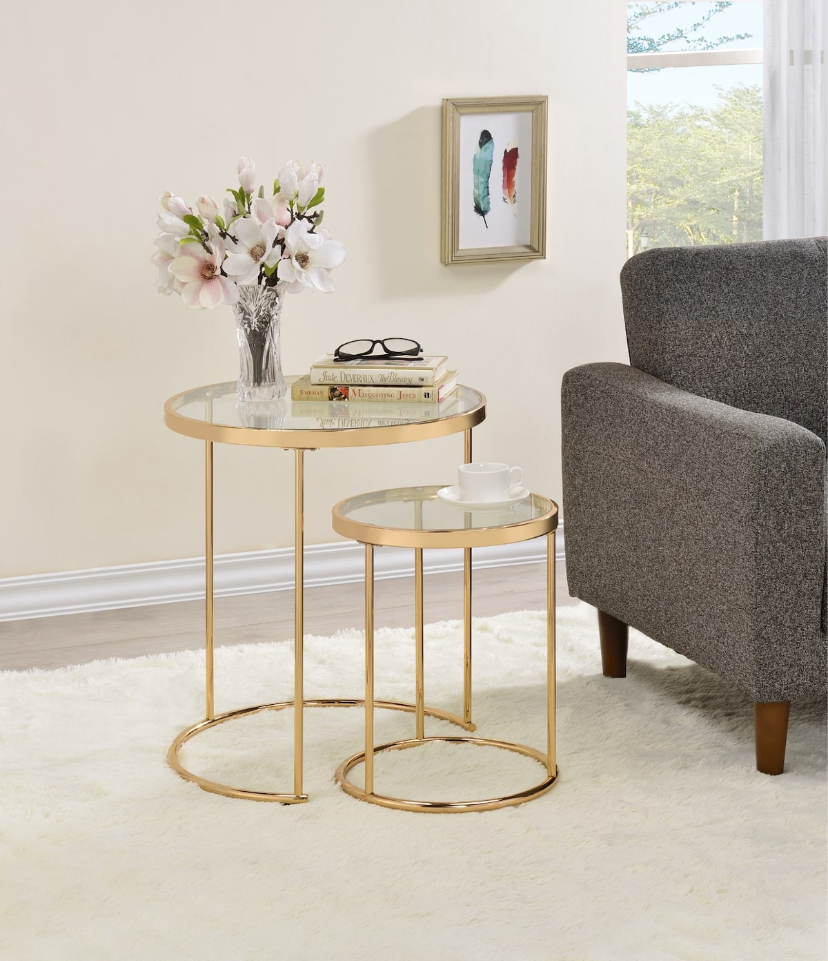 Romantic shabby chic bedroom: 2-piece Round Glass Top Nesting Tables Gold