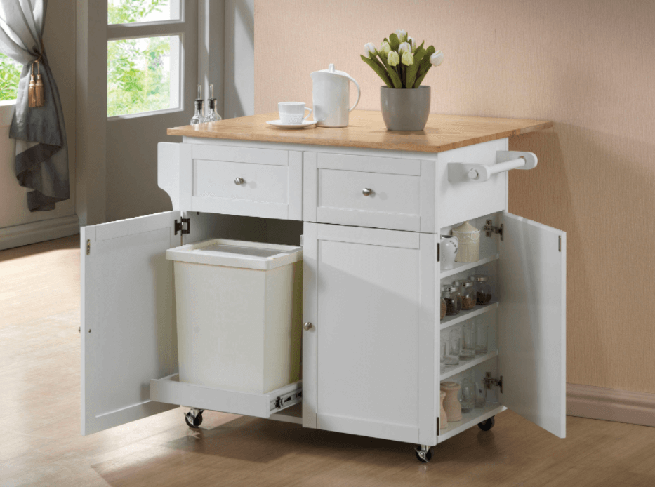 3-door kitchen cart with casters natural brown and white