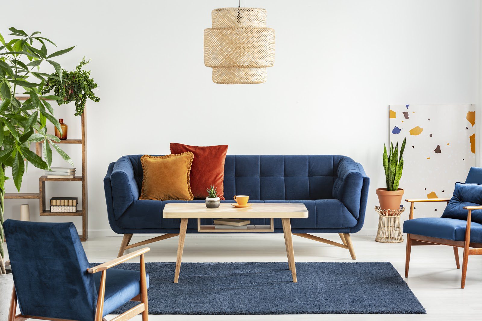 Mid-century modern living room in blue color palette