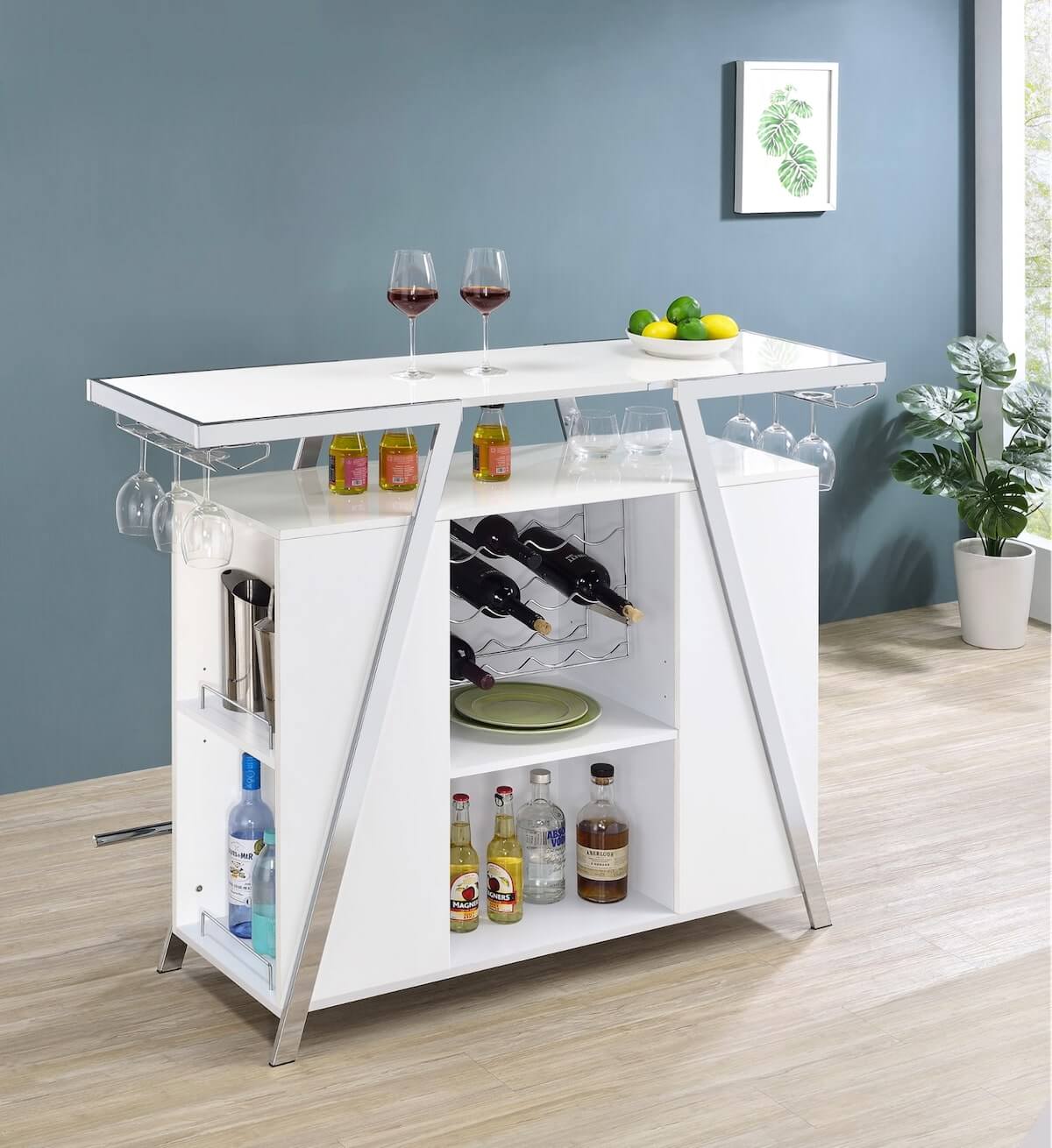 Modern bar cabinet: Araceli Home Bar Wine Cabinet White High Gloss and Chrome