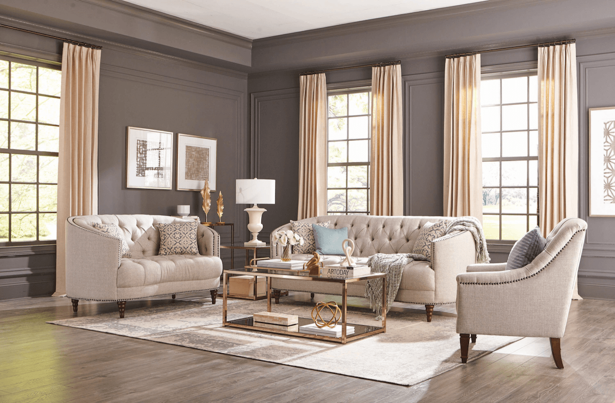 French Country style: Avonlea Sloped Arm Upholstered Sofa Trim Grey