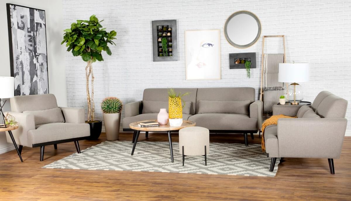 Mid century modern decor: Blake Upholstered Sofa with Track Arms Sharkskin and Dark Brown