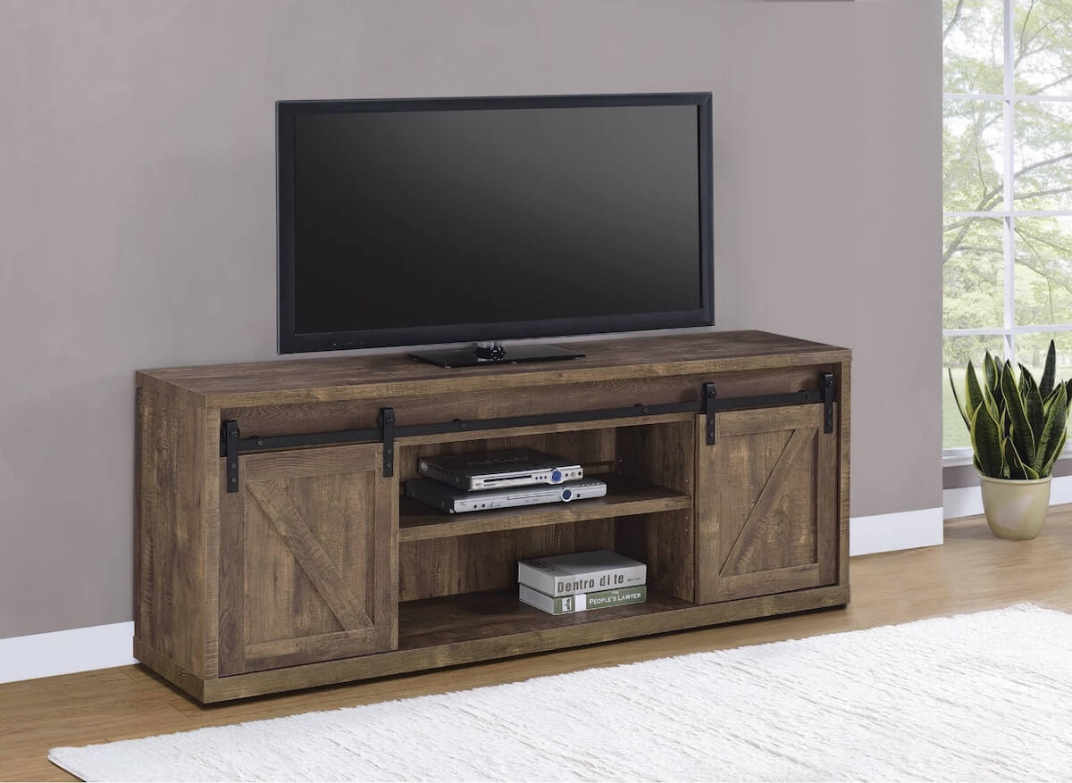 Brockton 71-inch 3-shelf Sliding Doors TV Console Rustic Oak