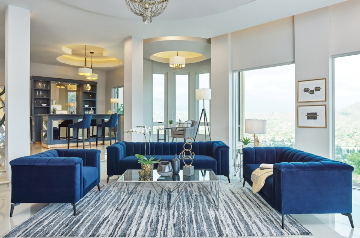 What size rug for living room: Chalet 2-piece Tuxedo Arm Living Room Set Blue