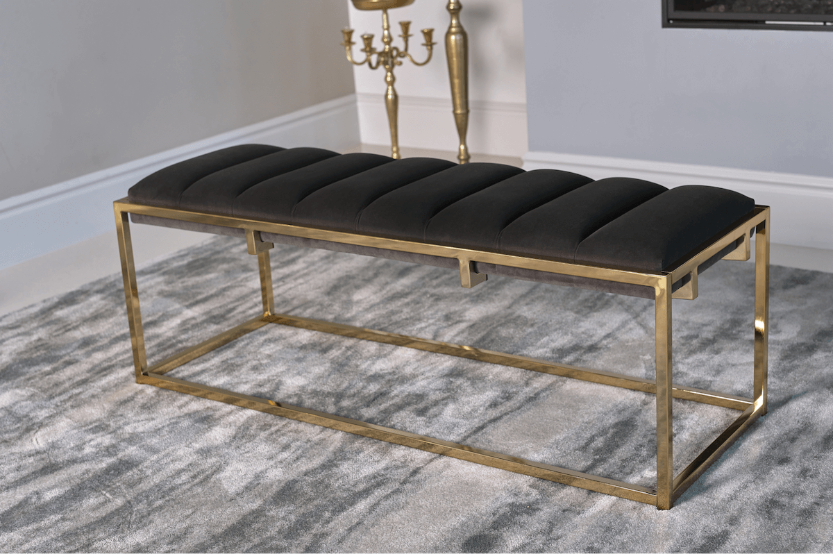 Gold accents: Channel Tufted Cushion Bench Dark Grey and Gold