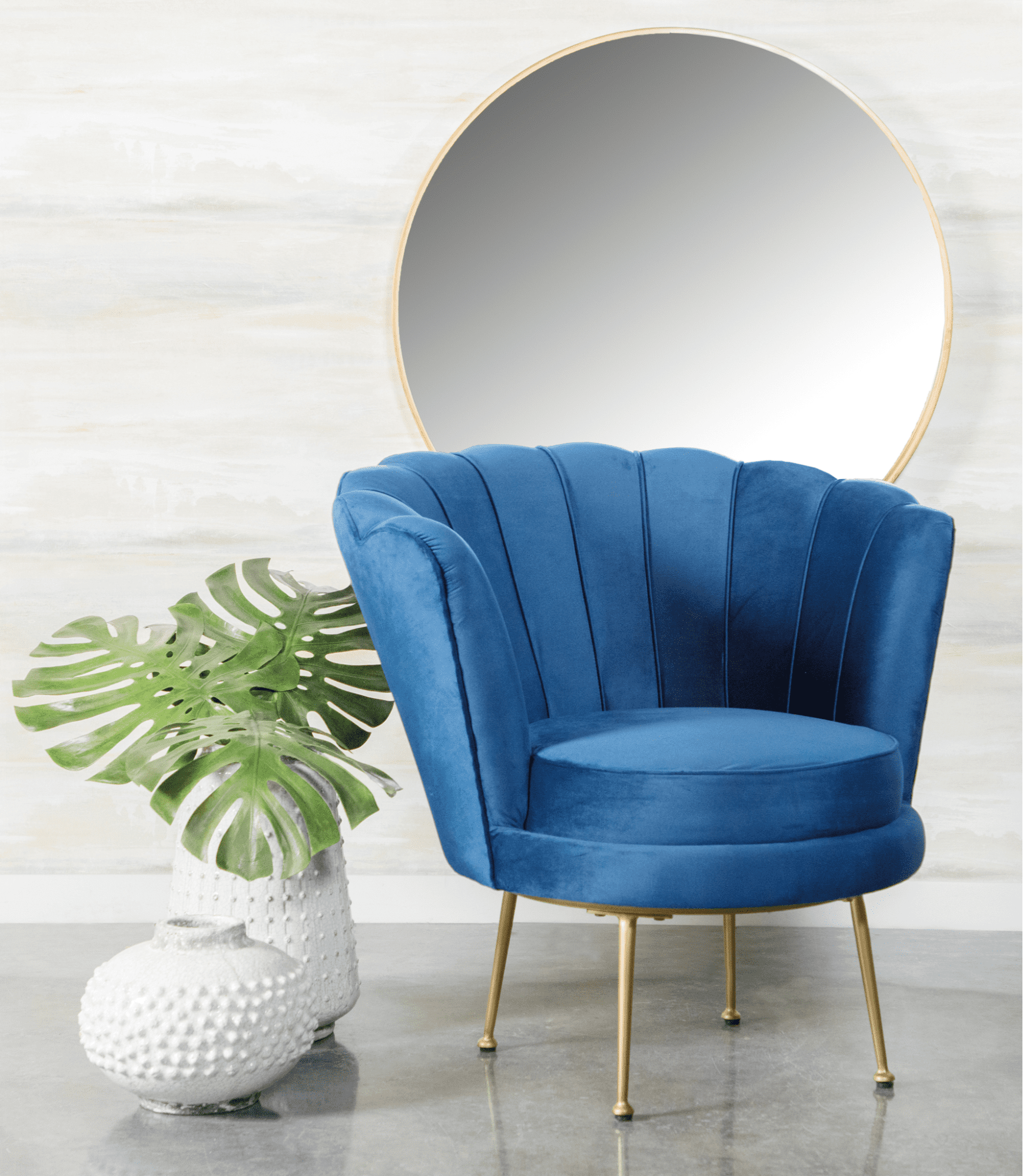 Hollywood Regency: Channeled tufted barrel accent chair blue