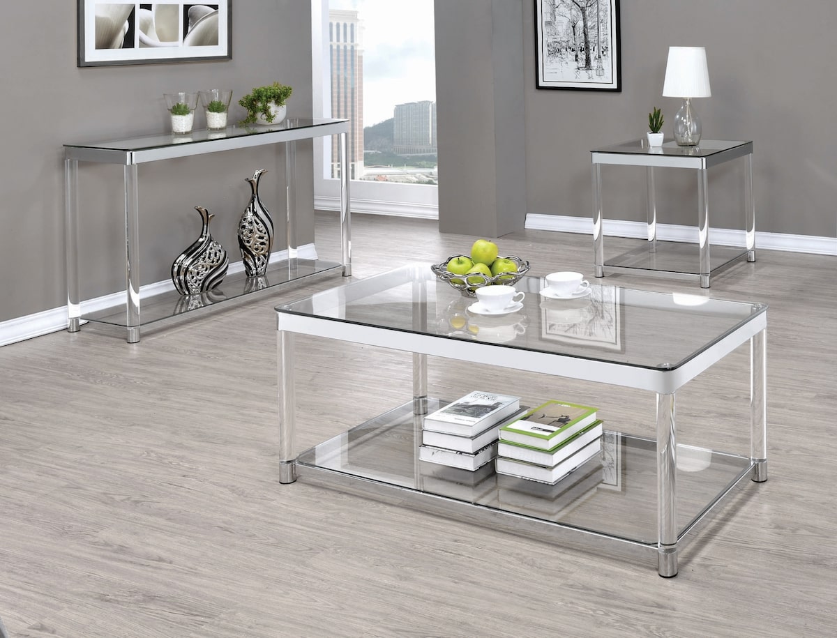 Acrylic furniture: Claude Coffee Table with Lower Shelf Chrome and Clear