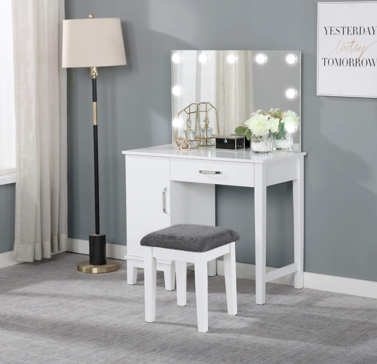Modern makeup vanity: Elijah Vanity Set with LED Lights White and Dark Grey
