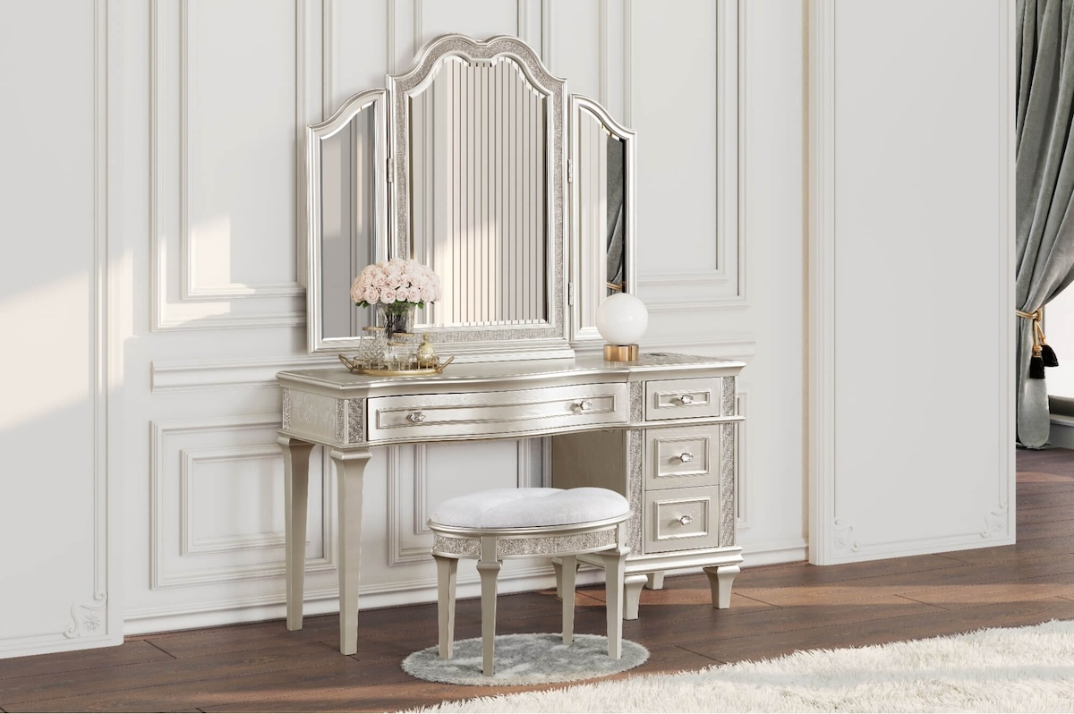 Modern makeup vanity: Evangeline 4-drawer Vanity Table with Faux Diamond Trim Silver and Ivory