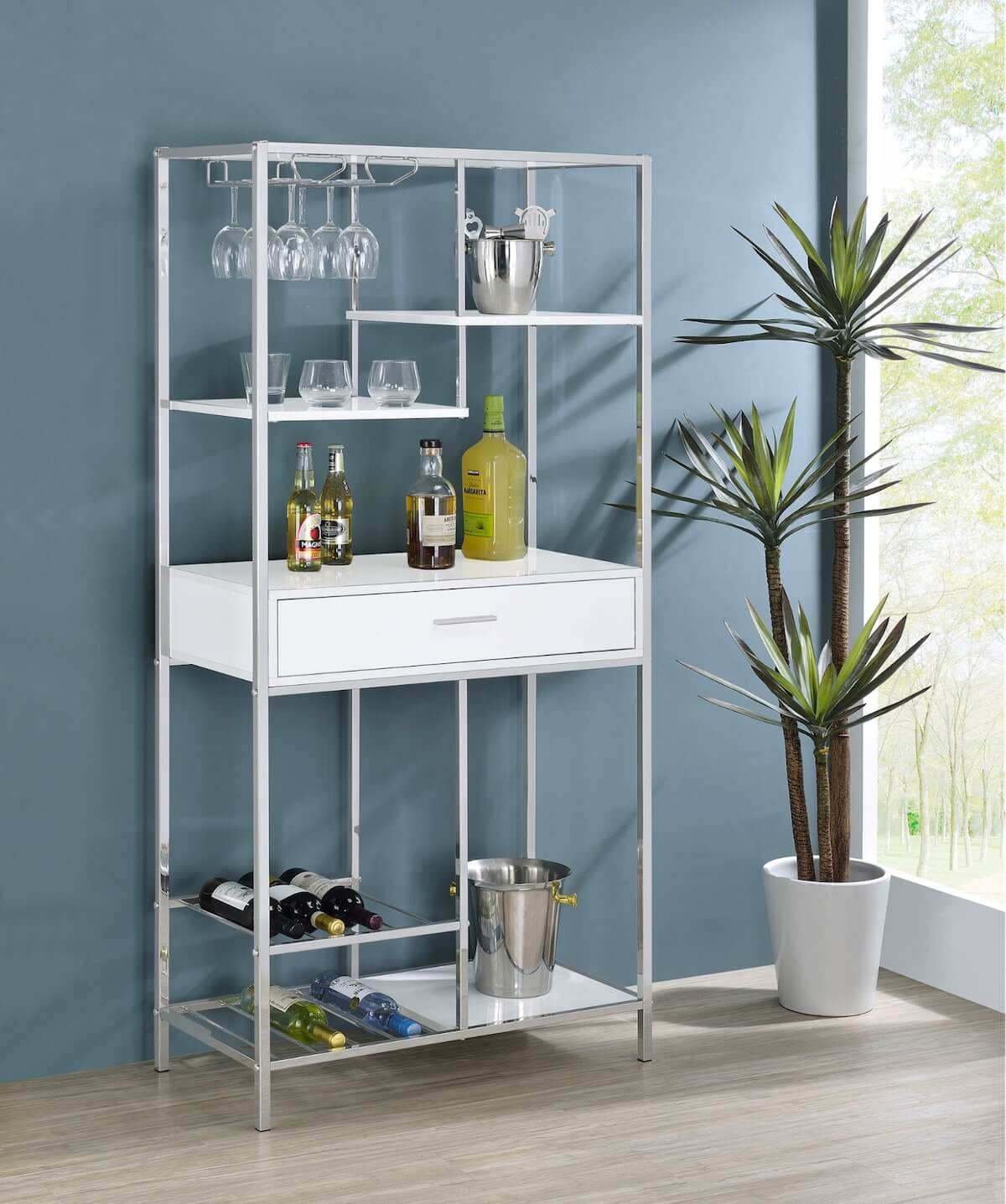 Modern bar cabinet: Figueroa 5-Shelf Wine Cabinet With Storage Drawer