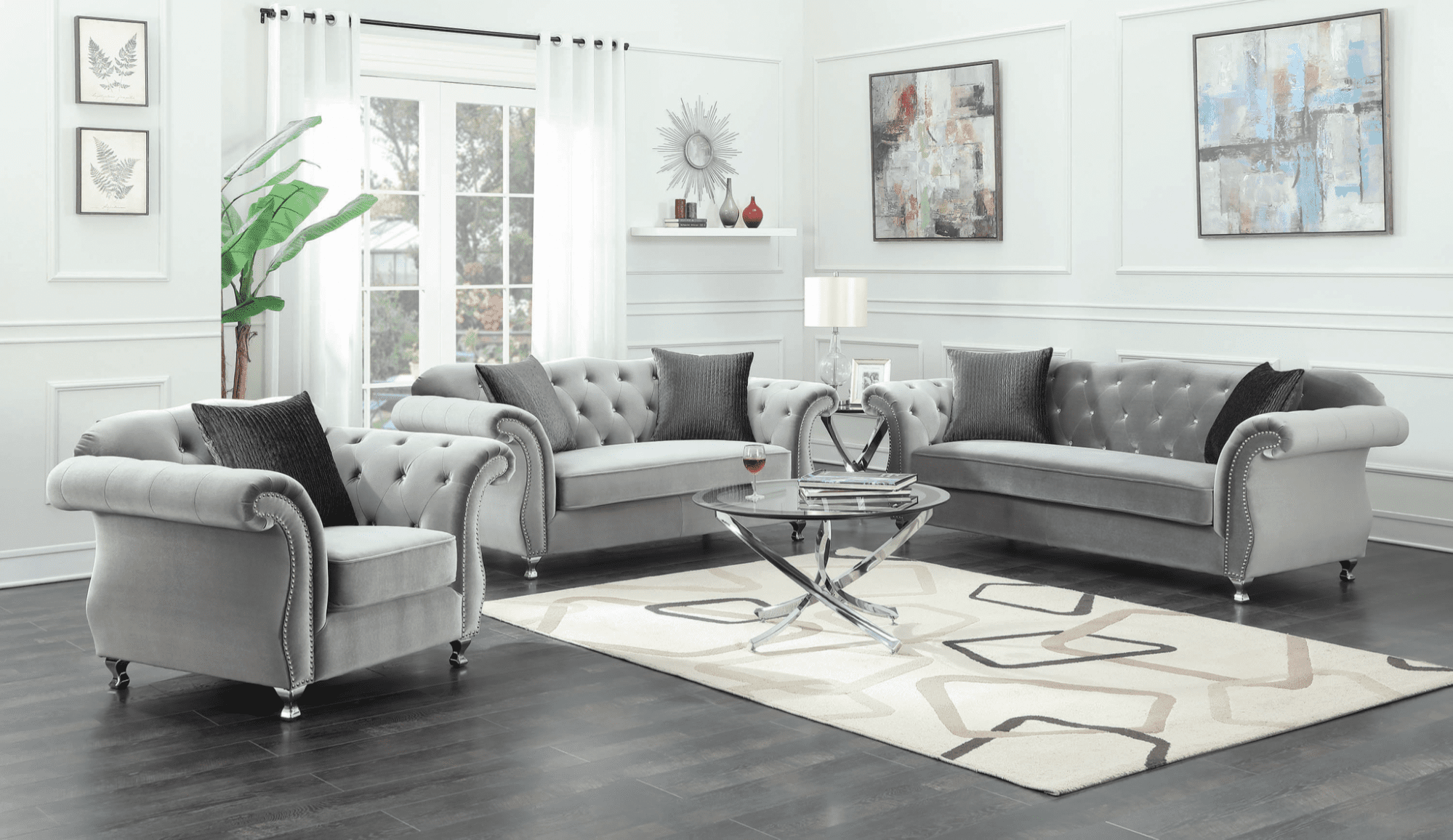 Hollywood Regency: Frostine button tufted sofa silver