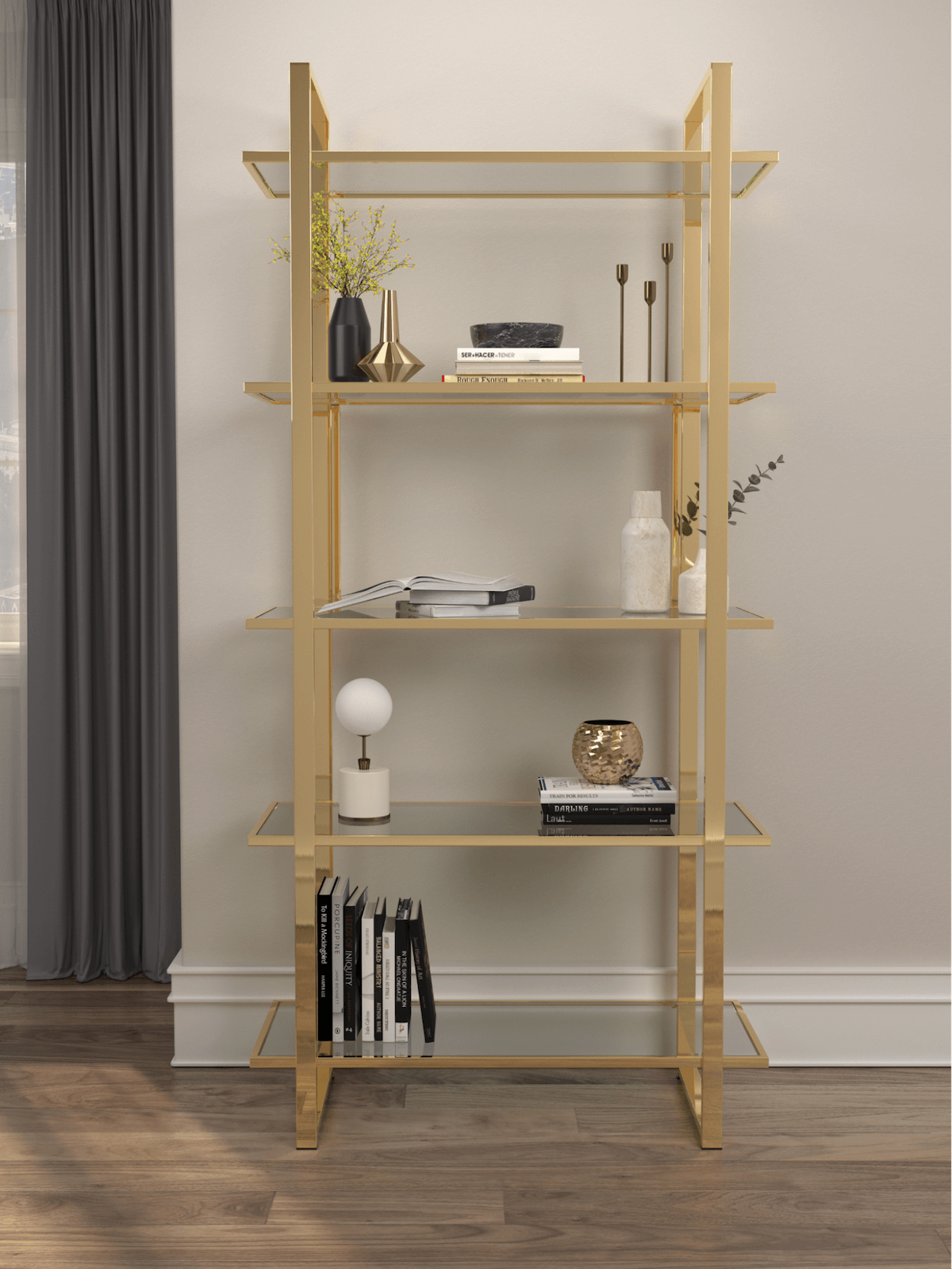 Gold accents: Glass Shelf Bookcase Polished Gold