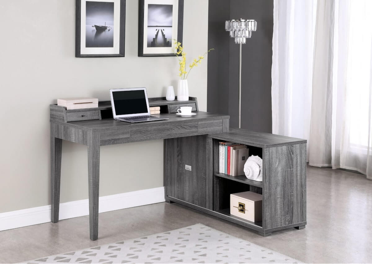 Modern office: Jamara L-shape Office Desk with Power Outlet Weathered Grey