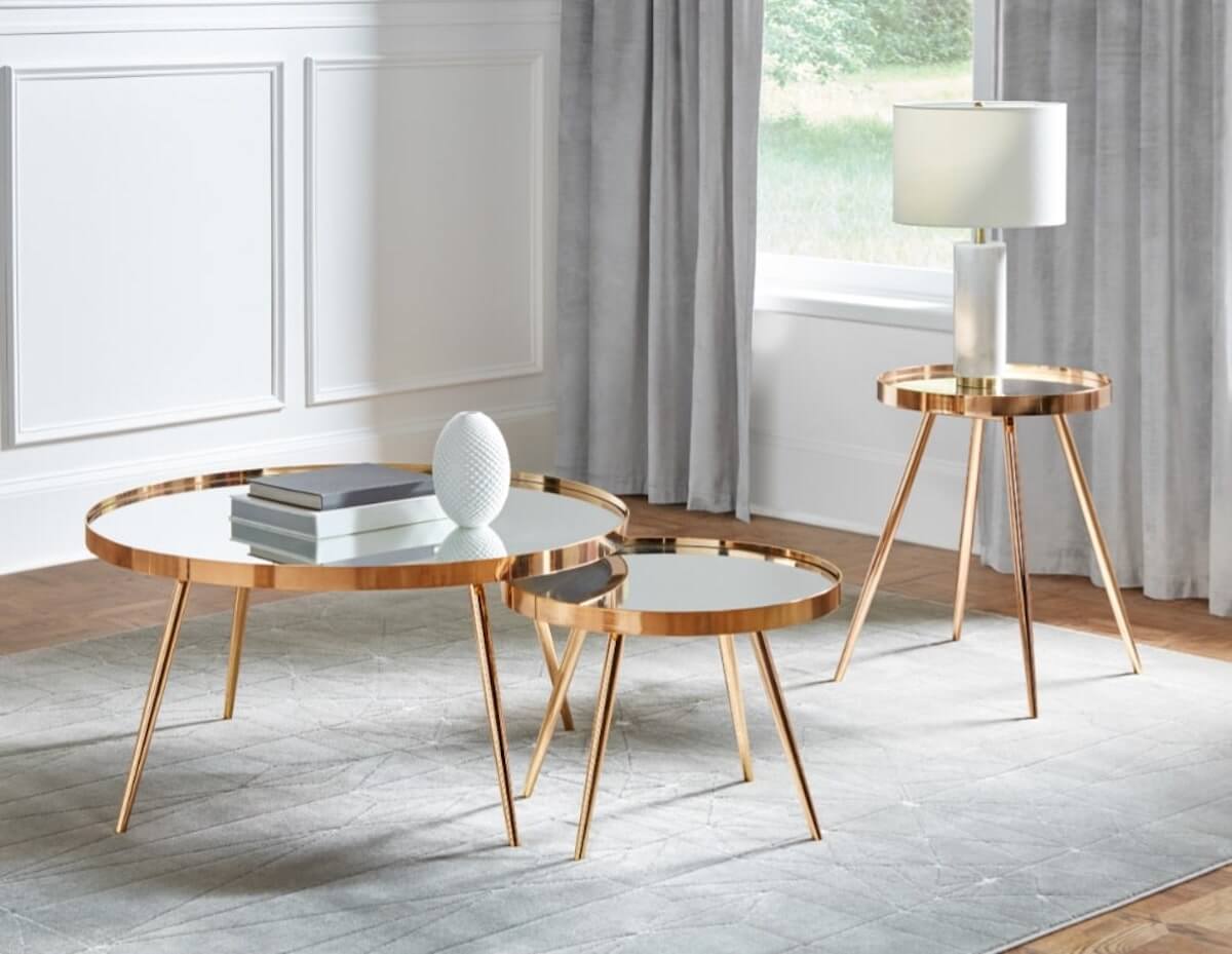 Kaelyn 2-piece Mirror Top Nesting Coffee Table Mirror and Gold