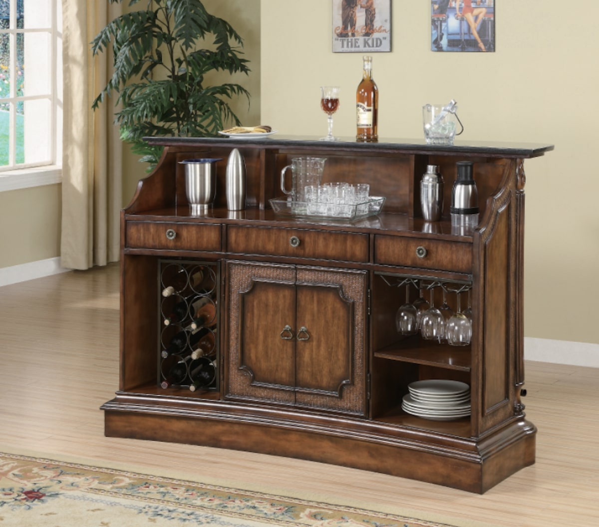 Marble Top 3-drawer Bar Unit Warm Brown