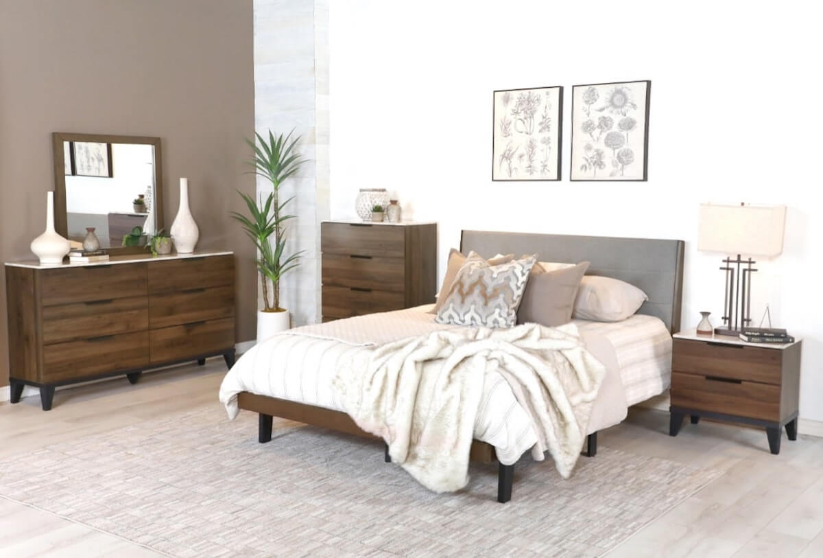 Bathroom decor: Mays 5-piece Upholstered Eastern King Bedroom Set Walnut Brown and Grey