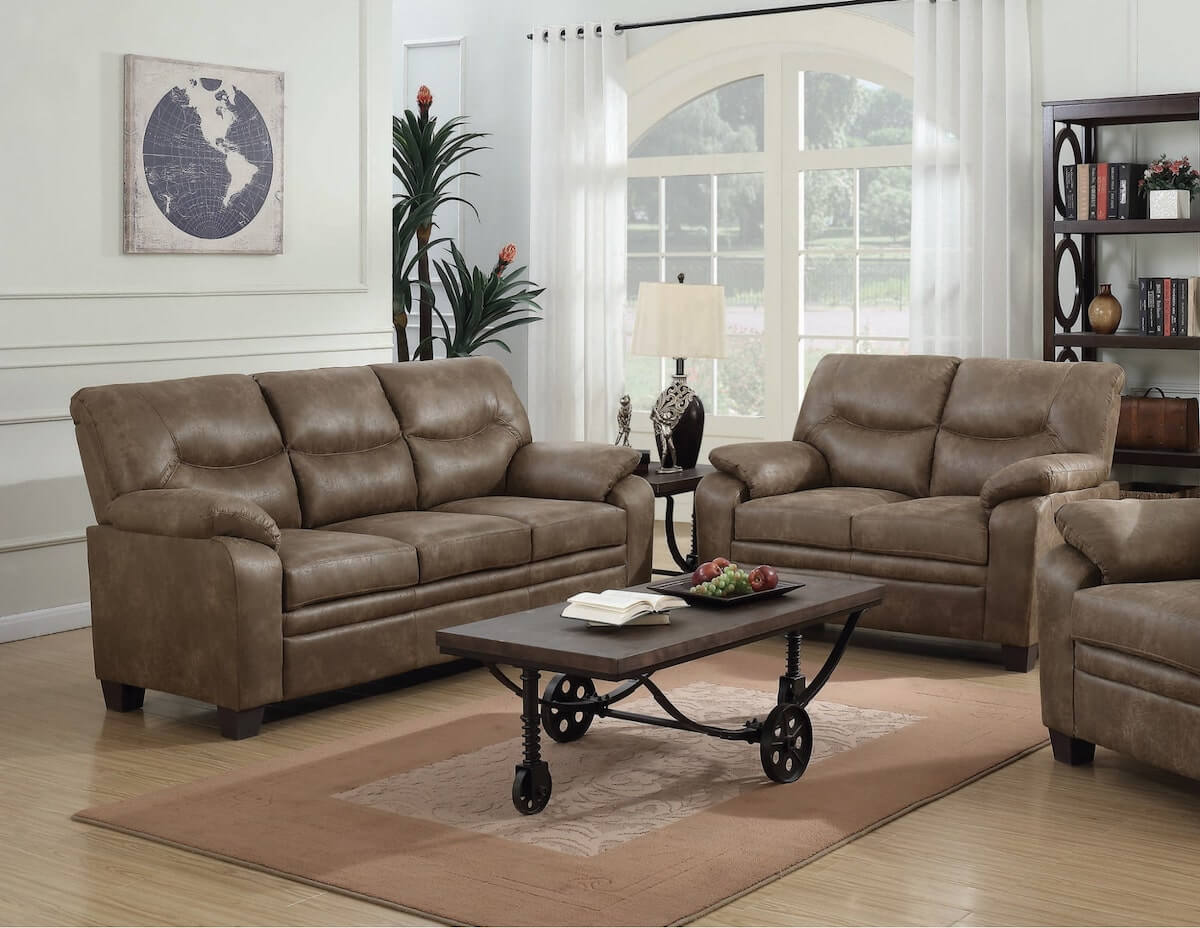 Pet friendly couches: Meagan Upholstered Sofa Brown with Pillow Top Arms