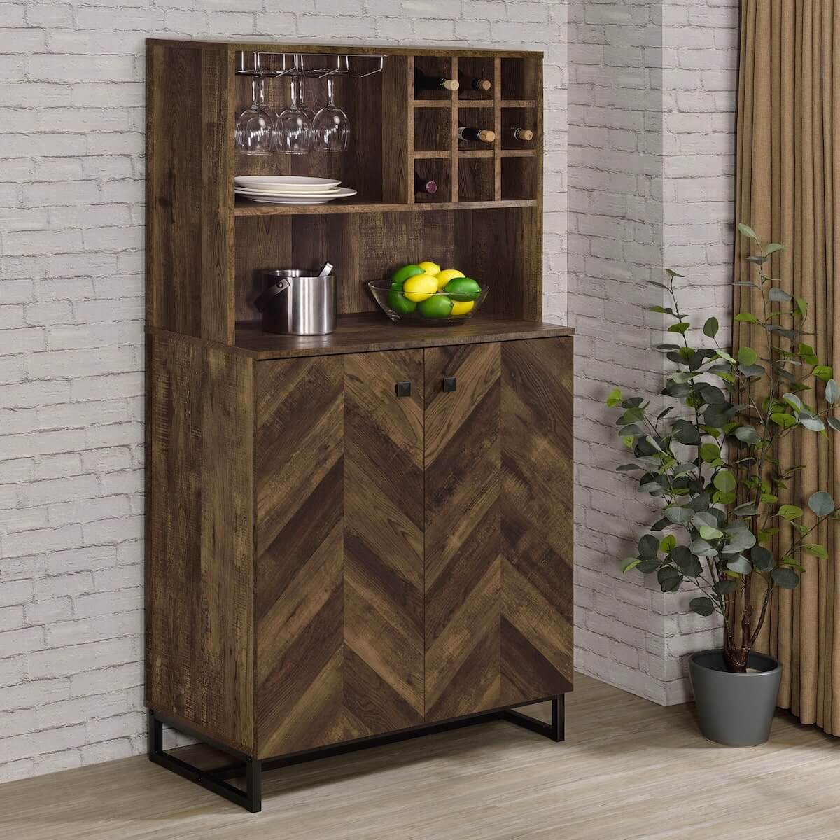 Modern bar cabinet: Mendoza 2-door Wine Cabinet Rustic Oak Herringbone and Gunmetal