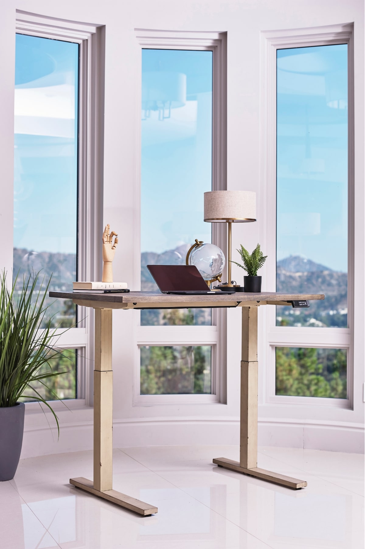 Gaming desk setup ideas: Myers Adjustable Height Standing Desk Weathered Pine and Antique Ivory