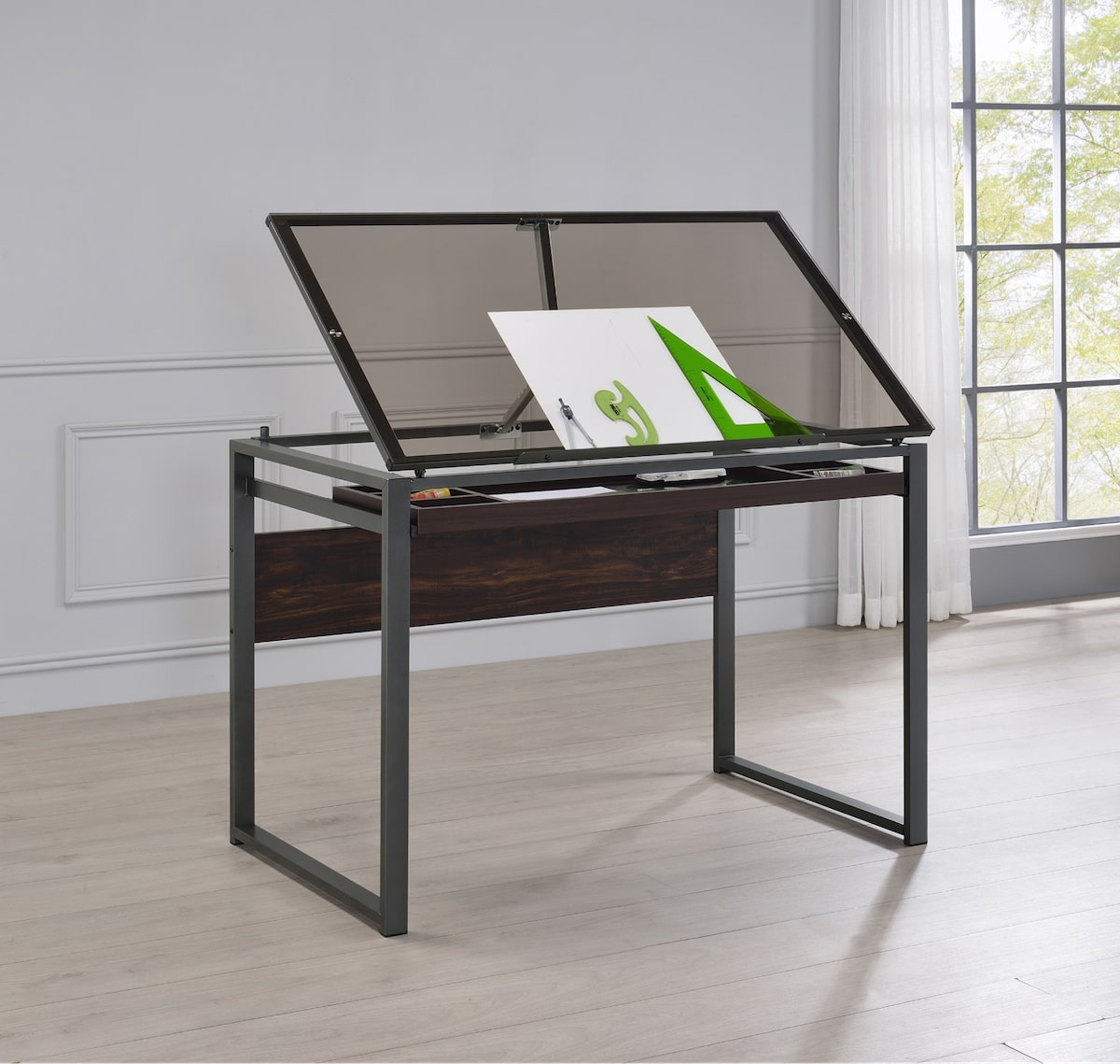 Craft room ideas: Pantano Glass Top Drafting Desk Dark Gunmetal and Chestnut