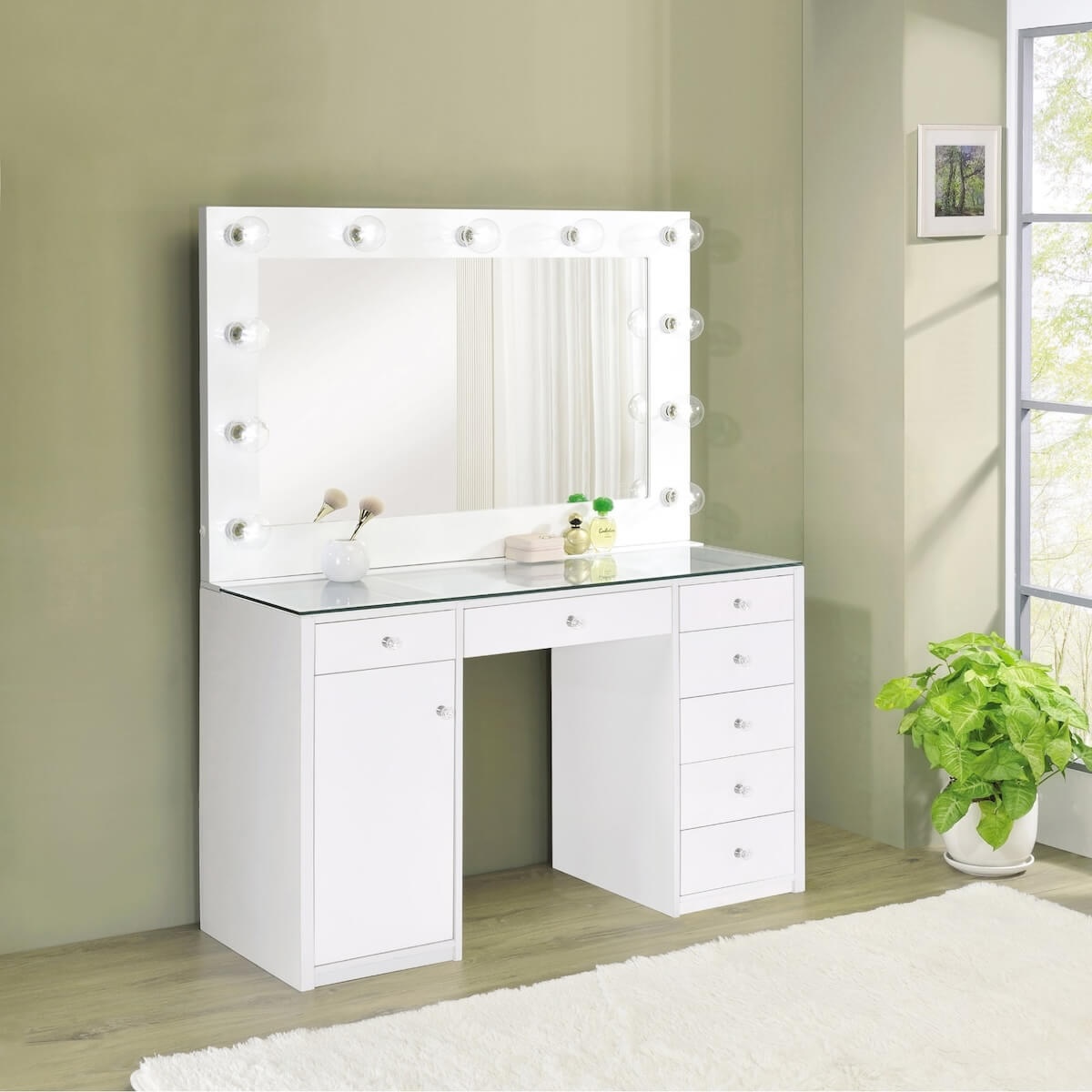 Percy 7-drawer Glass Top Vanity Desk with Lighting White