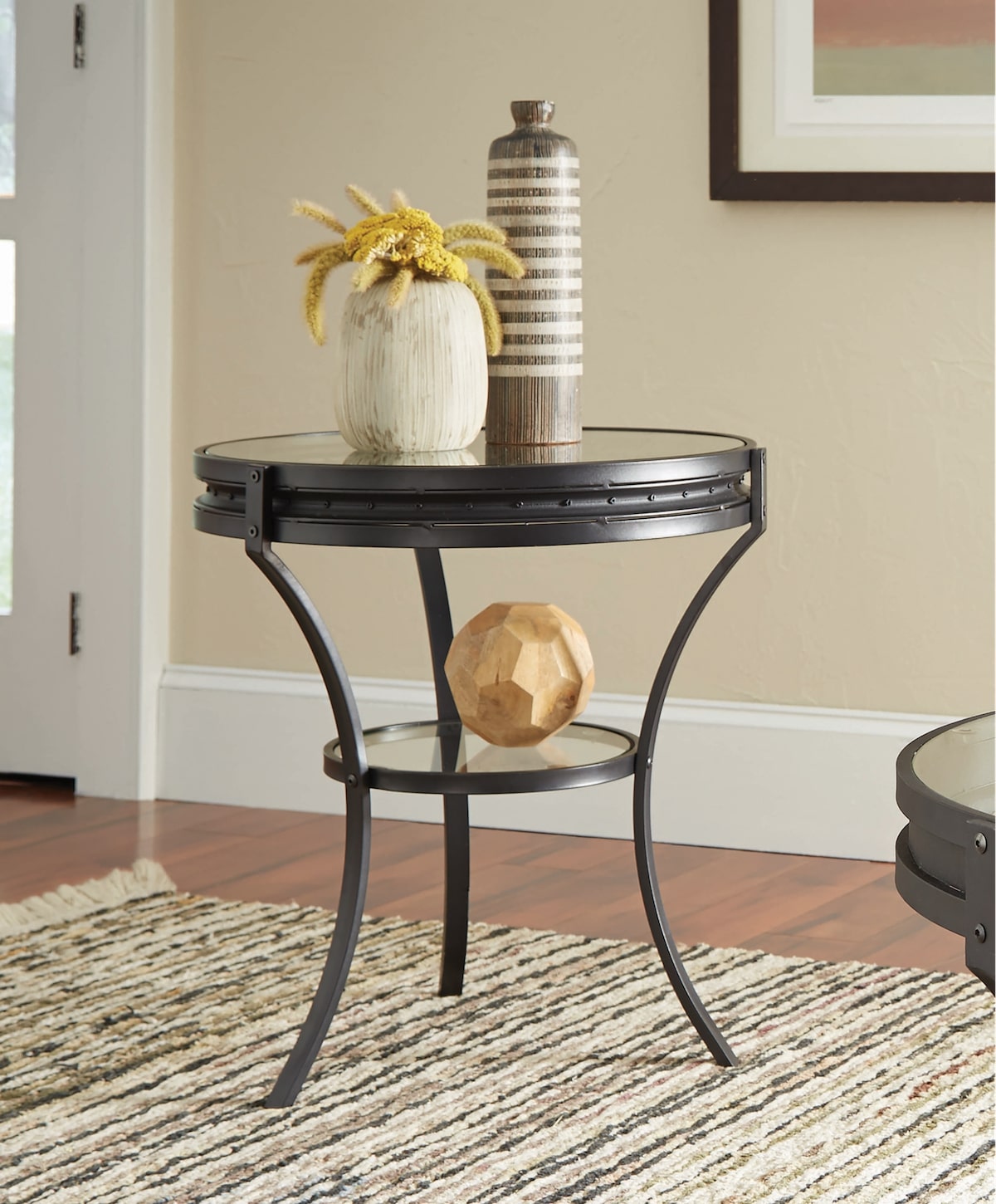 Round Glass Top End Table Black