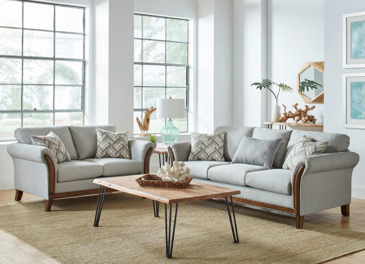 Coastal living room: Roxanne Upholstered Flared Arm Sofa Platinum