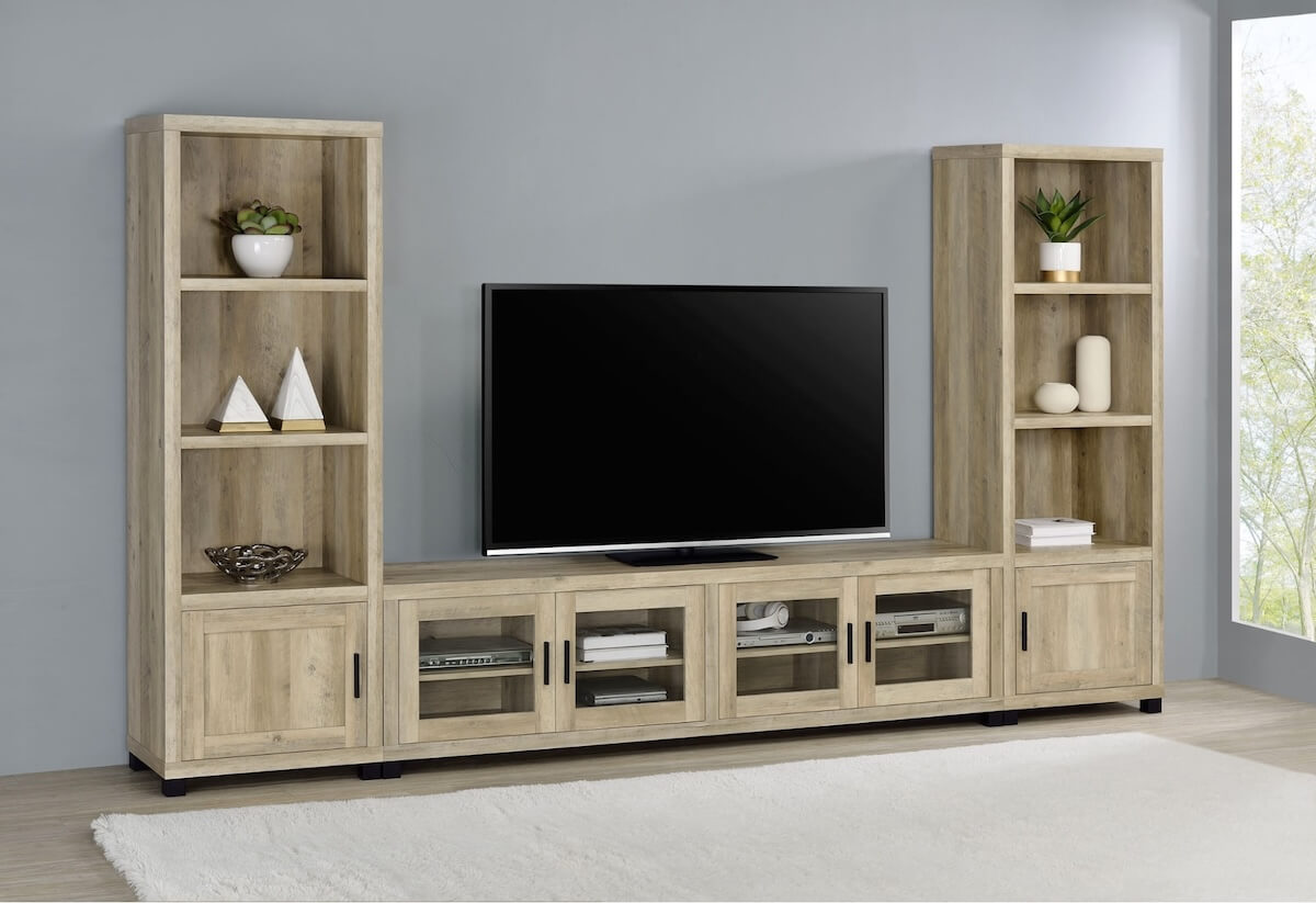 Sachin 3-piece Entertainment Center With 79″ TV Stand Antique Pine