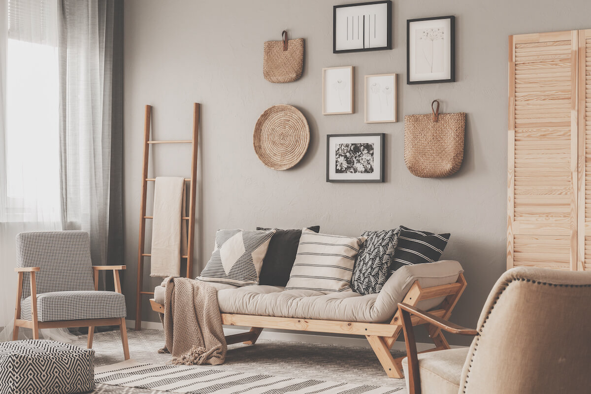 Scandinavian settee with patterned pillows