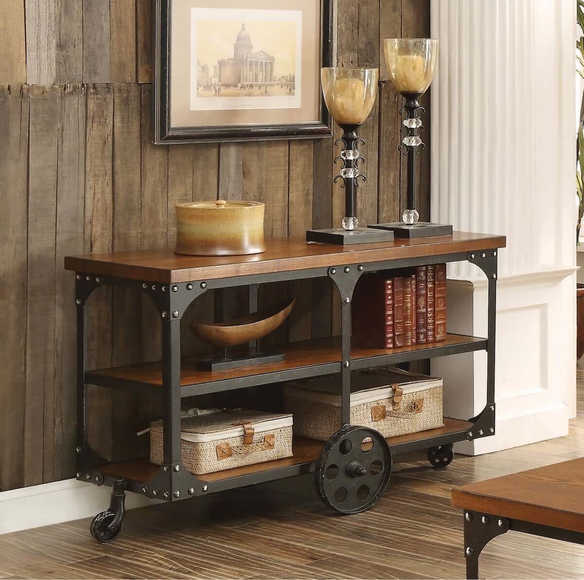 Industrial furniture: Shepherd Sofa Table with 2 shelf Rustic Brown