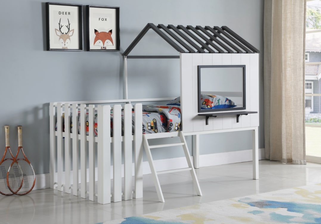 Toddler boy room ideas: Timber House-designed Twin Loft Bed White and Gunmetal