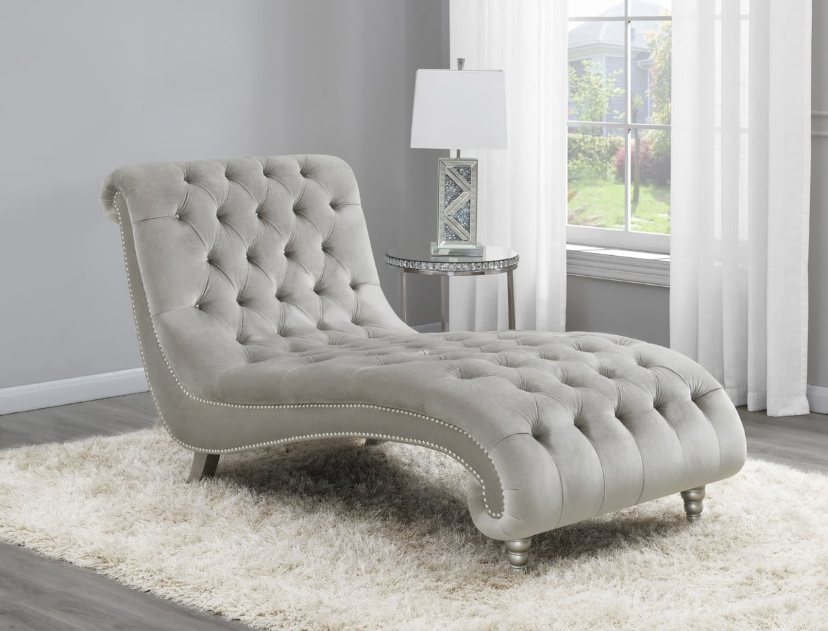 Tufted Cushion Chaise with Nailhead Trim Grey