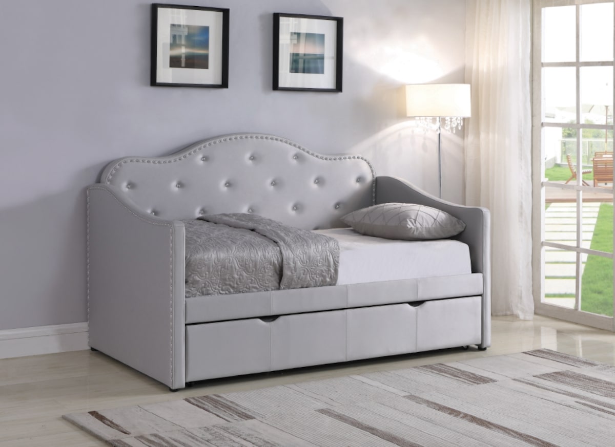 Upholstered Twin Daybed with Trundle Pearlescent Grey