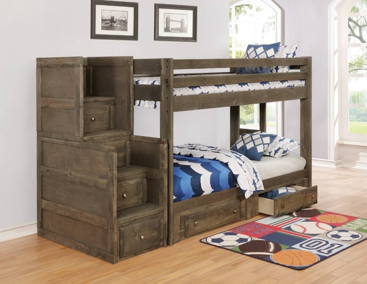 Playroom storage: Wrangle Hill Twin Over Twin Bunk Bed Gun Smoke