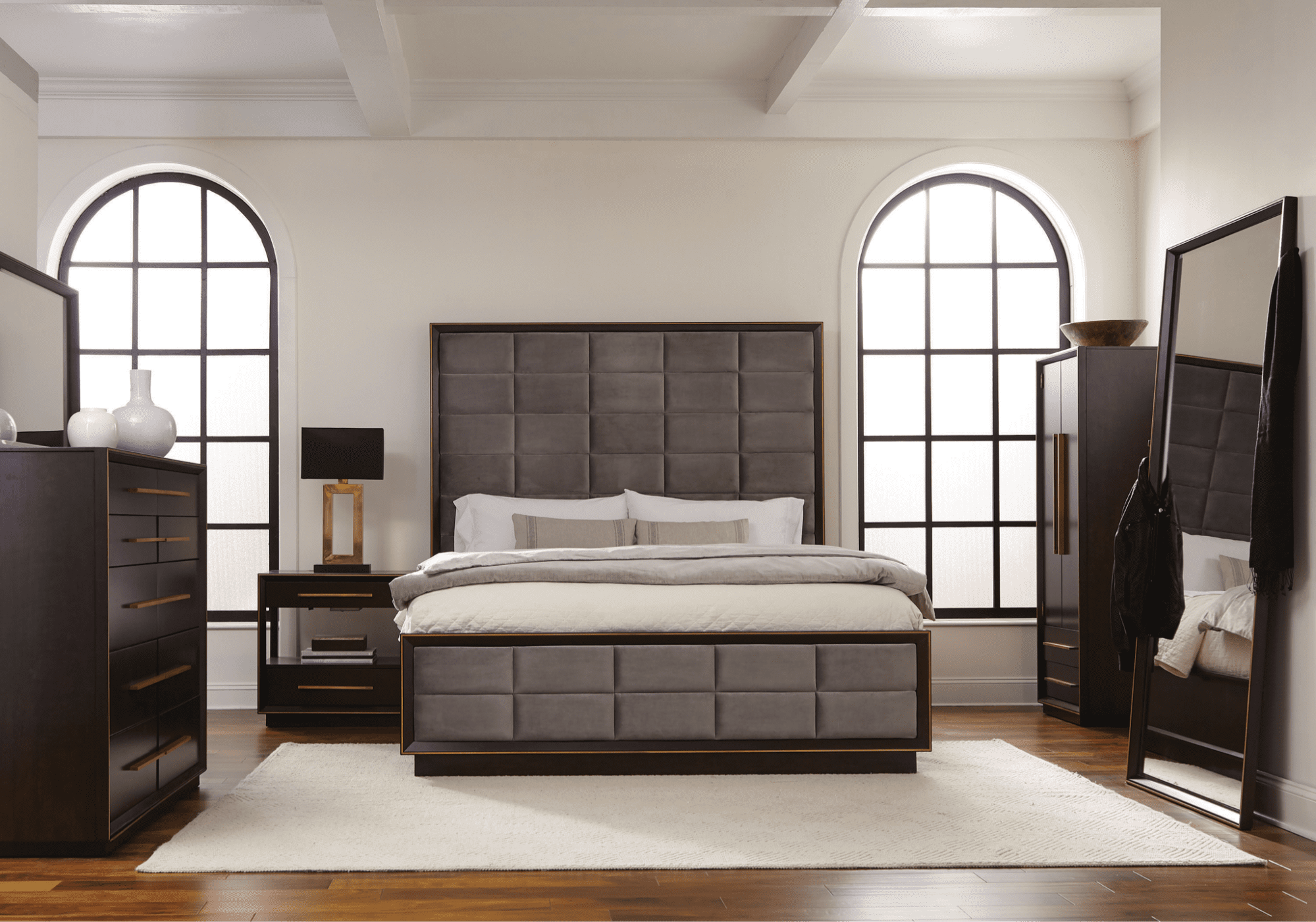 modern home furniture: Durango queen upholstered bed in smoked peppercorn and grey