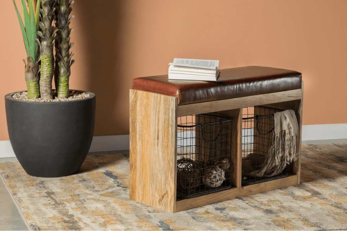 room organization ideas: 2-basket Upholstered Accent Bench Brown and Natural