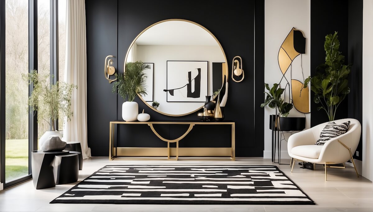 Black and white living room with an accent mirror hanging on the wall