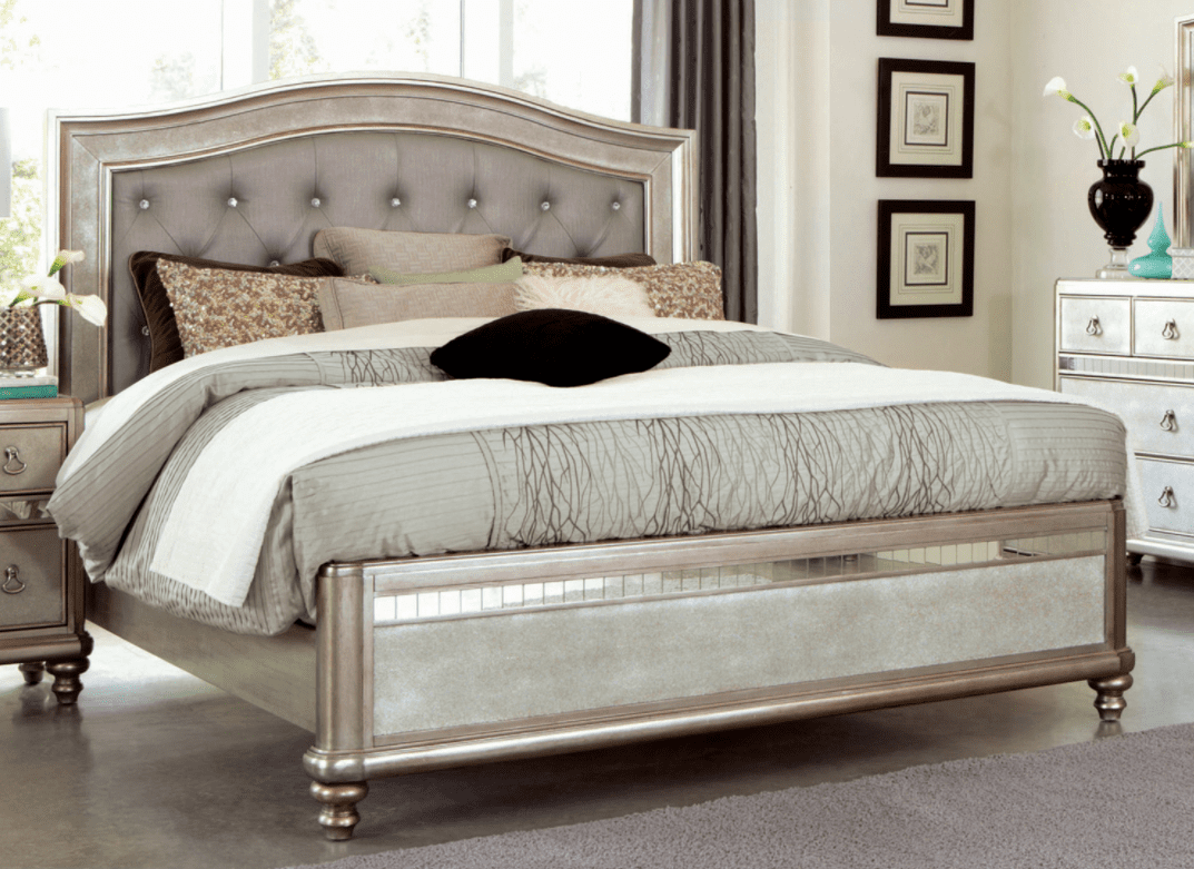 guest bedroom ideas: Bling game Eastern king panel bed metallic platinum