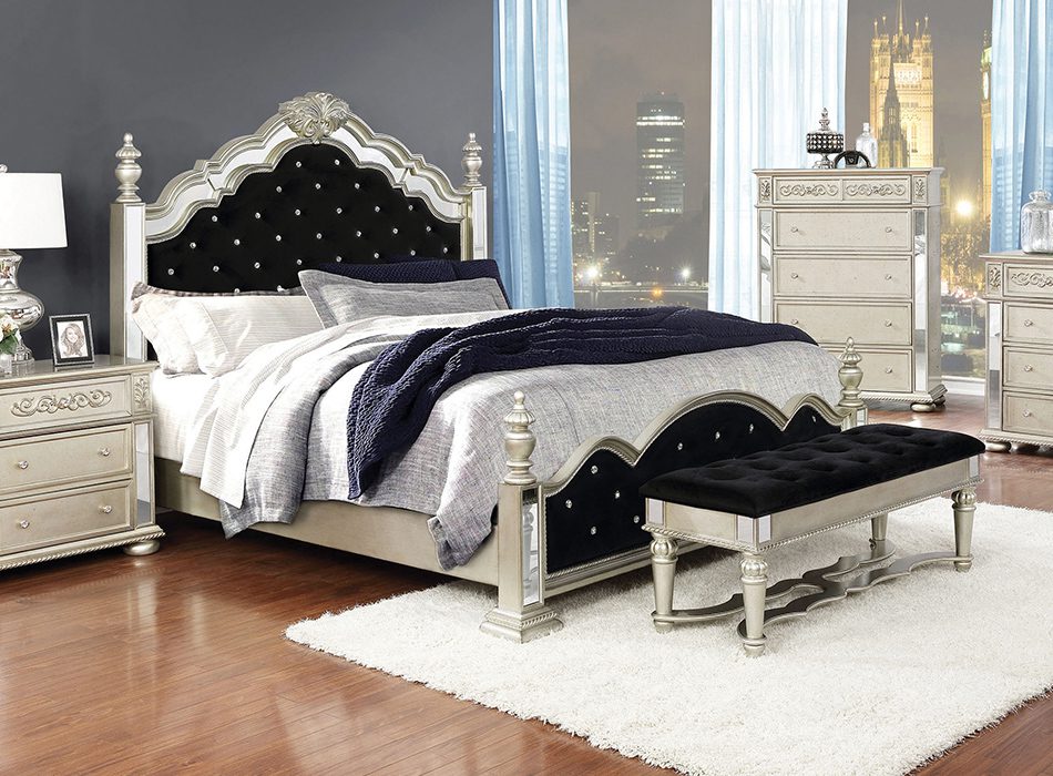 Heidi Queen Upholstered Poster Bed Metallic Platinum