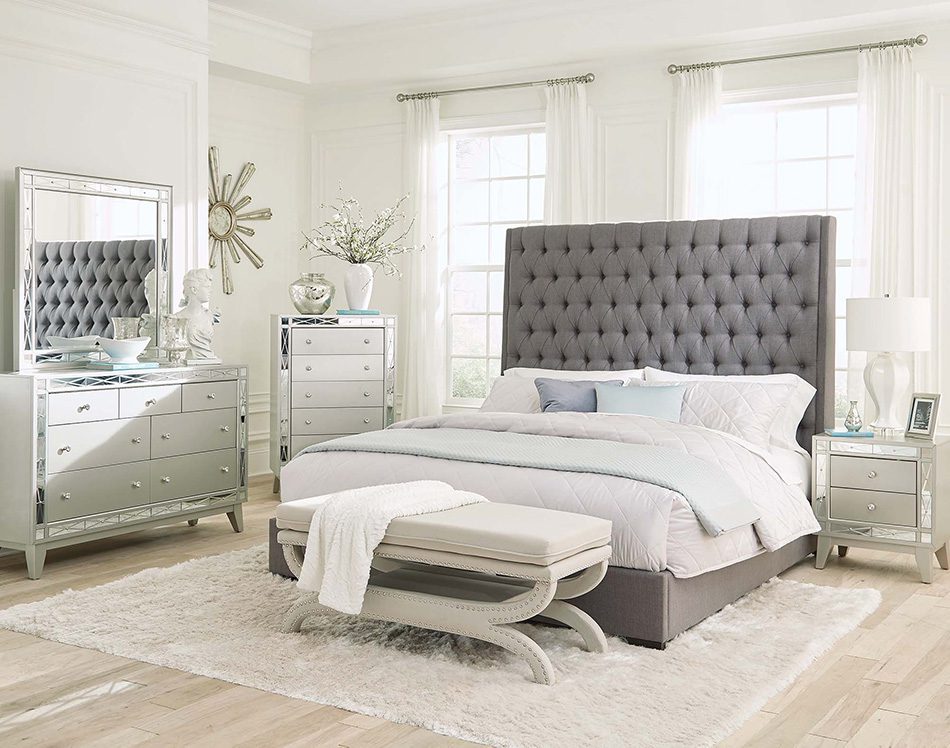 Camille Upholstered Bedroom Set Grey And Metallic Mercury