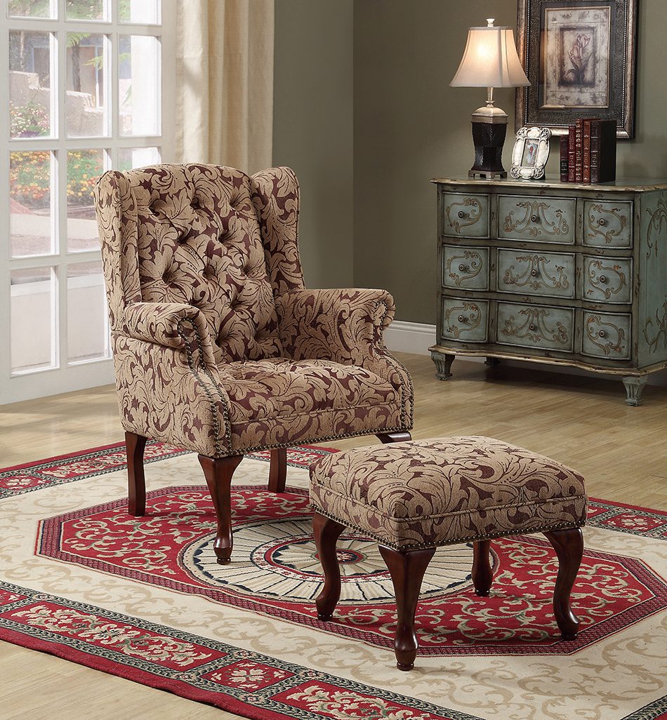 Tufted Back Accent Chair and Ottoman Light Brown and Burgundy