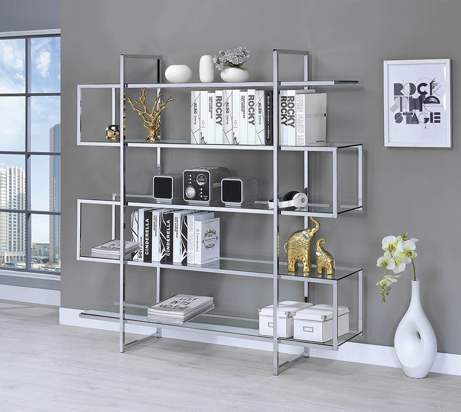 Contemporary Silver Metal And Glass Bookcase