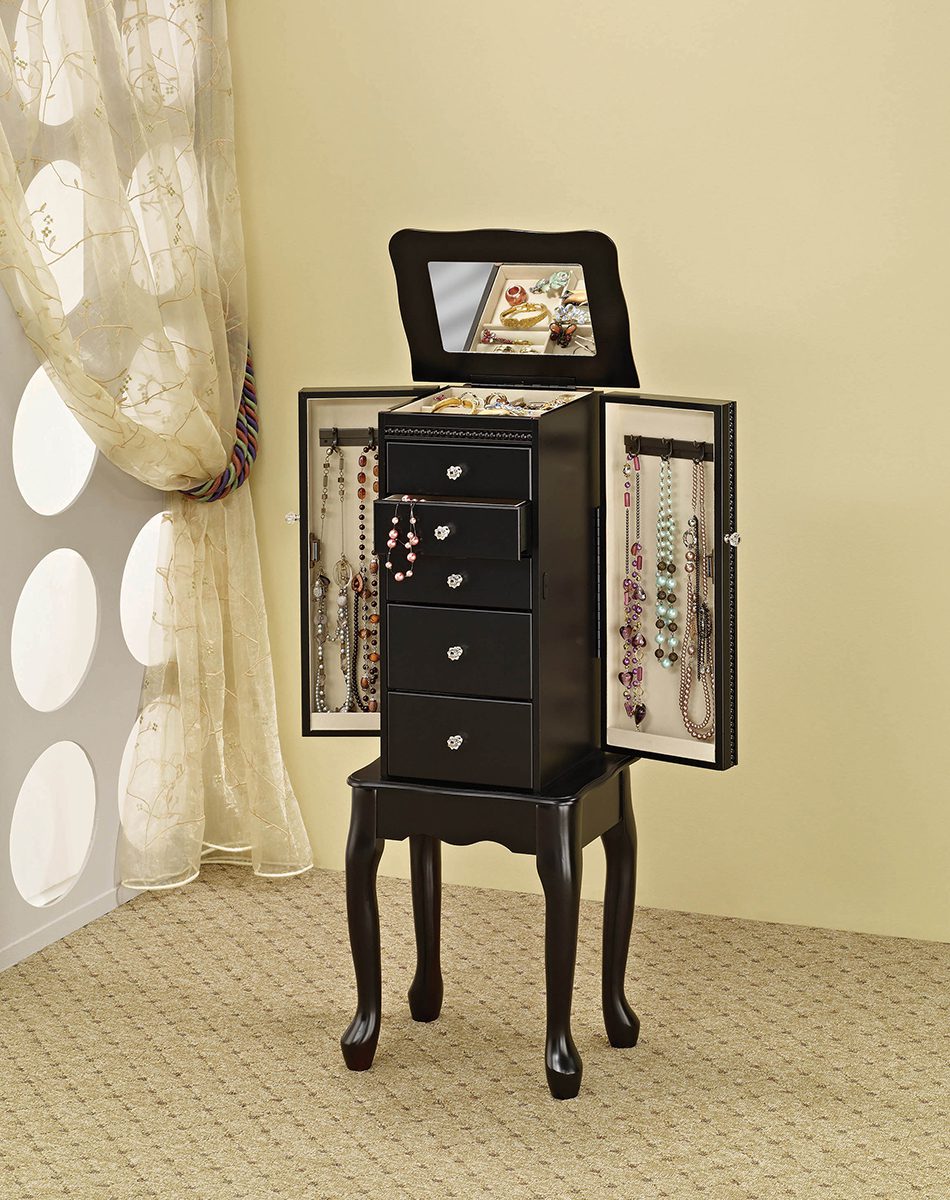 Traditional Queen Anne Black Jewelry Armoire Open