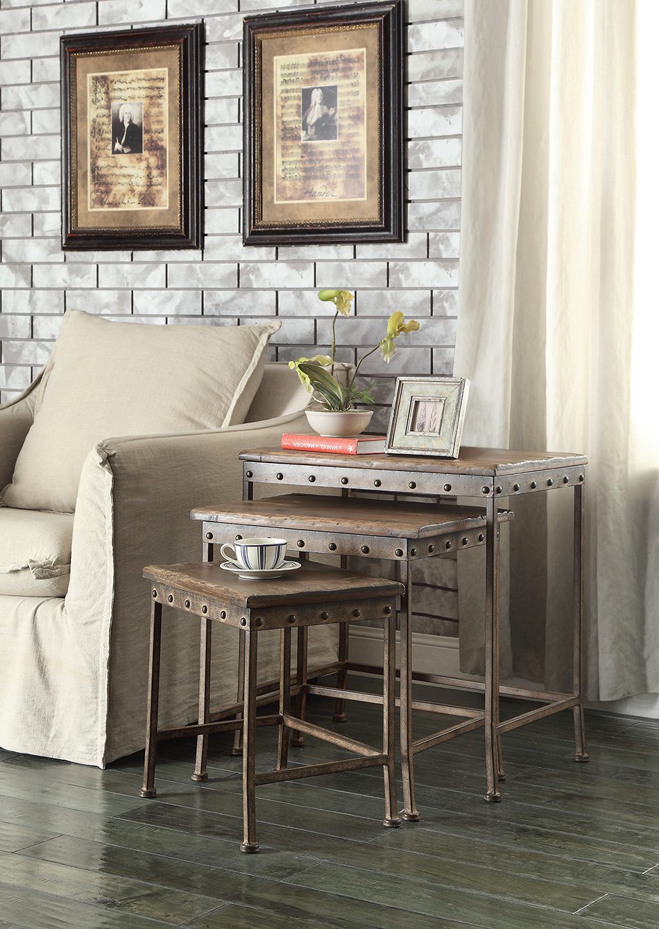 3-Piece Nesting Tables With Nailhead Trim Dark Brown And Antique Bronze