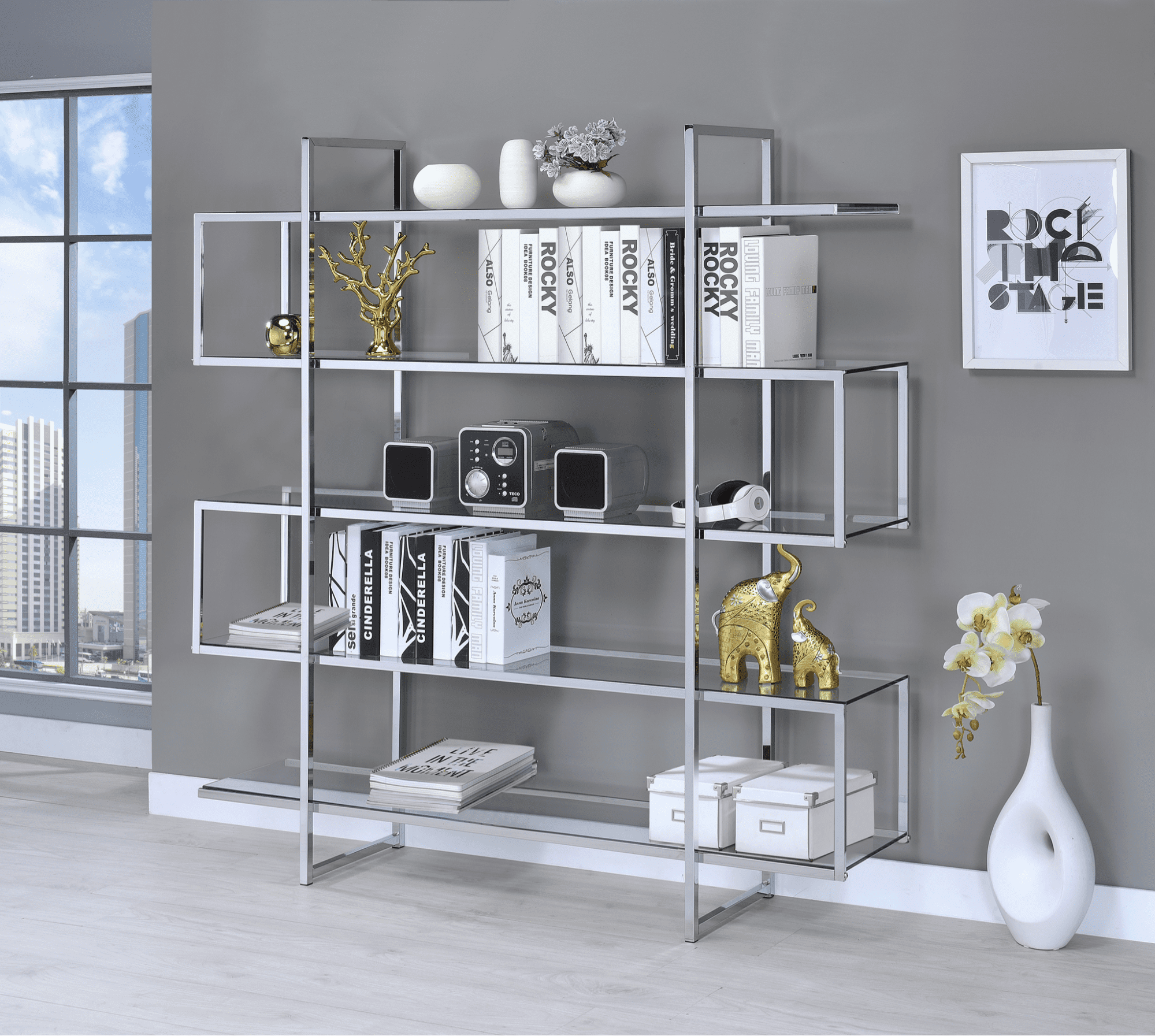 5-shelf bookcase in chrome and clear