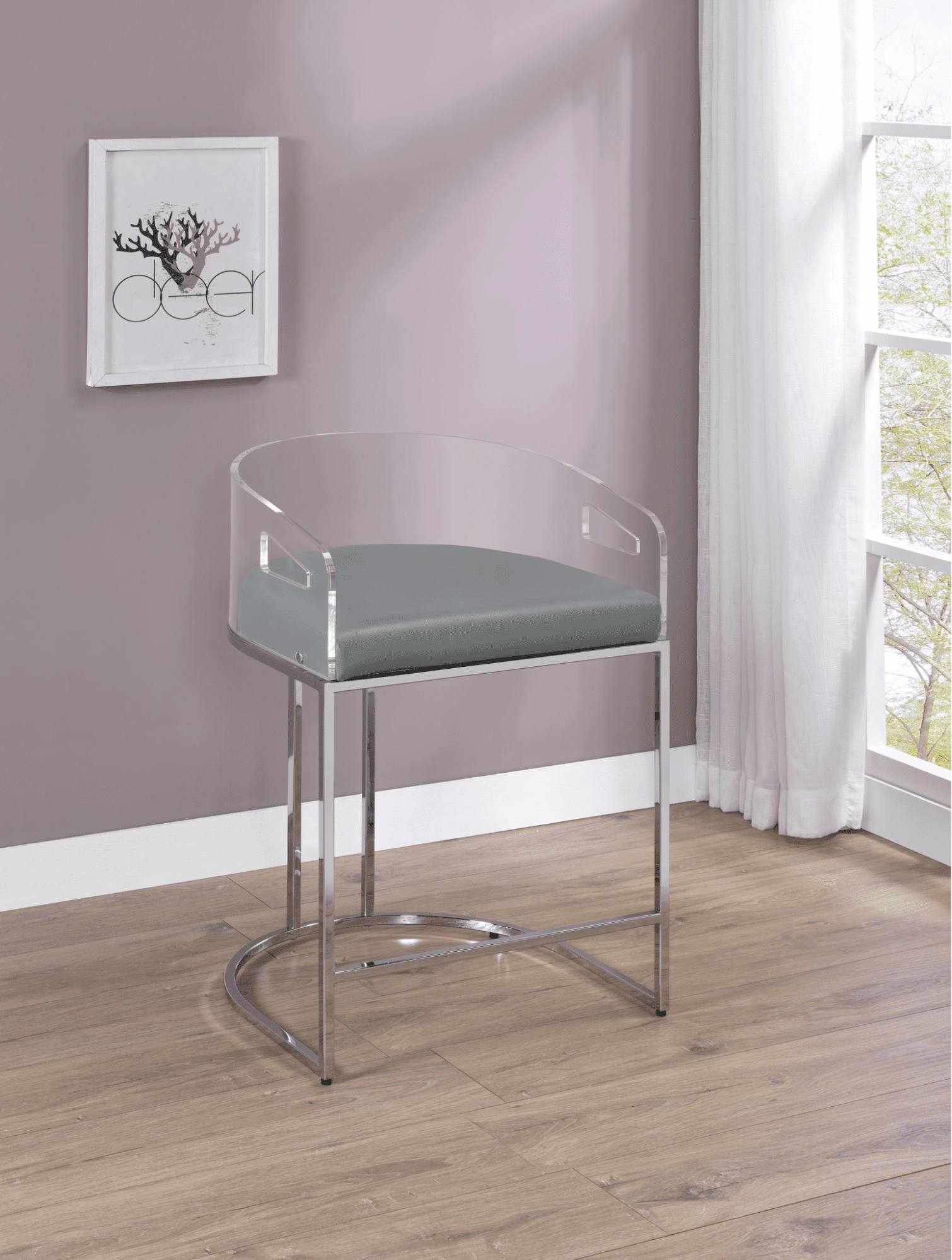 Acrylic-back counter-height stools in grey and chrome