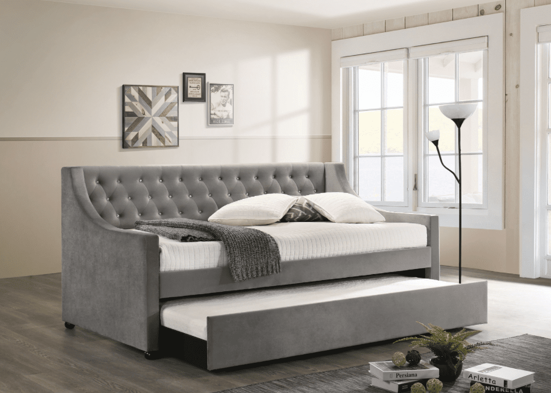 guest bedroom ideas: Chatsboro twin upholstered daybed with trundle grey