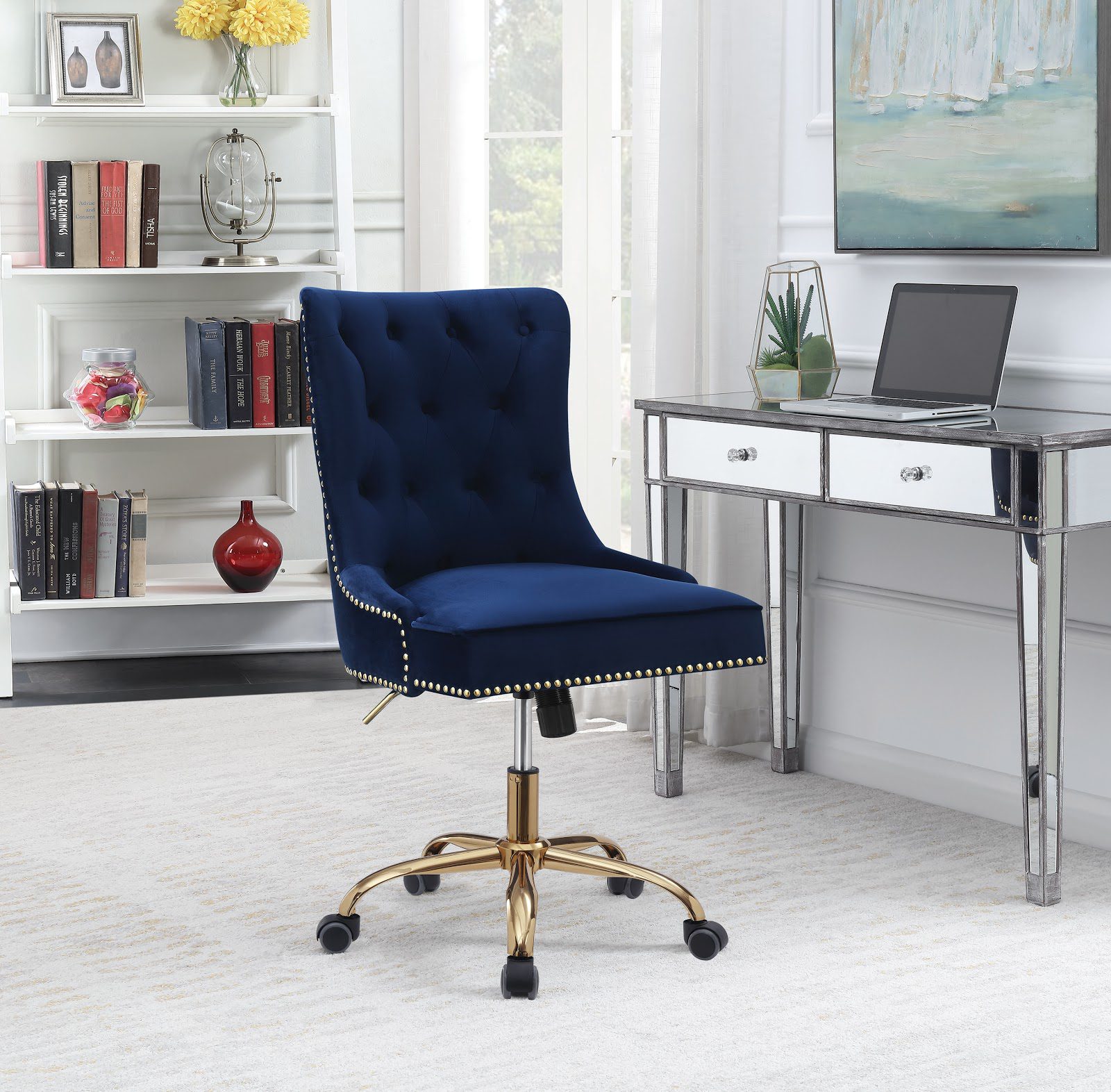 Upholstered Office Chair with Nailhead Blue and Brass